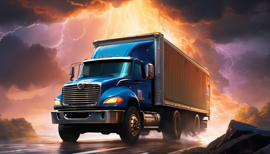 A blue truck with a silver box drives through a storm, a mass of lighting strikes the ground behind it.
